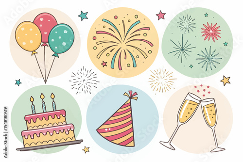 Colorful Celebration Icon Set – Balloons, Cake, Fireworks & Party Elements