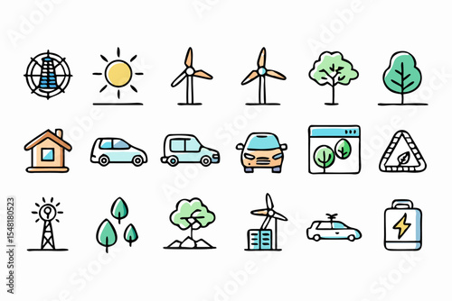 Eco-Friendly Energy Icon Set – Solar Panel, Wind Turbine, Electric Car