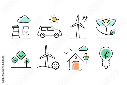 Clean Energy and Ecology Icon Pack – Pastel Green, Simple Stroke Style
