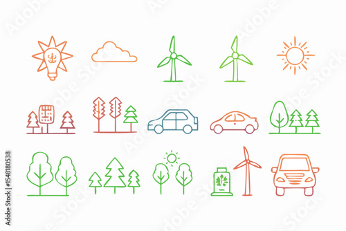 Minimal Green Technology Icons – Recycling, Tree, Renewable Energy Symbols