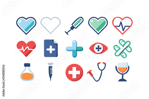 Medical Icon Set – Heart, Stethoscope, Syringe, Pill & First Aid Kit