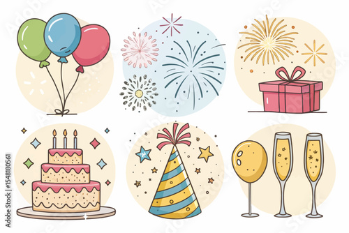 Party and Holiday Icon Set – Cake, Balloons, Fireworks, Decorations