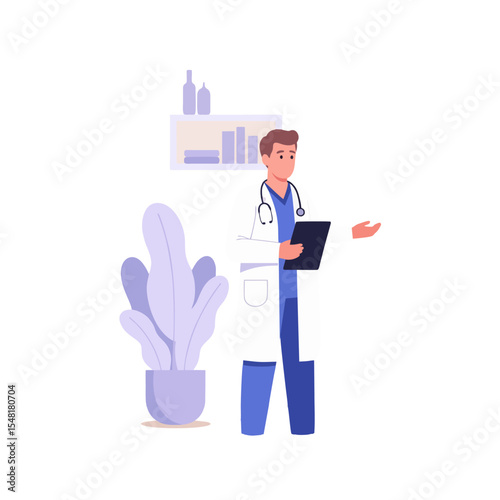 Male Doctor Holding Clipboard in a Clinic Setting