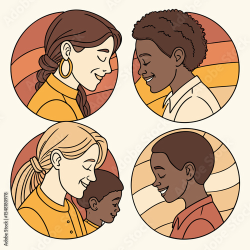 Four diverse portraits of people in circles with warm color palettes and closed eyes smiling softly