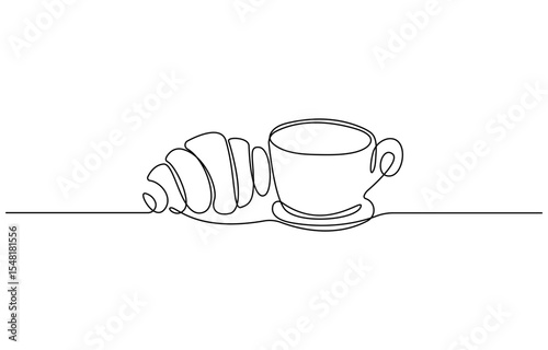 Breakfast with croissant and coffee drawn in one line style, One continuous line drawing croissant with coffee mug. Breakfast in simple linear style. Pastry Croissant. Vector illustration