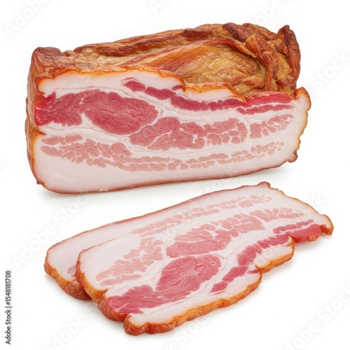 Freshly sliced bacon on a white background, showcasing the marbled texture and rich color of the meat, emphasizing its culinary appeal and versatility in dishes