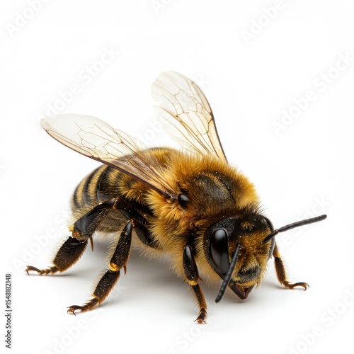 Close-up of a honey bee with detailed wings and fuzzy body, showcasing intricate features and textures, highlighting the importance of pollinators in nature and ecosystems