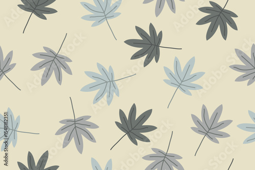 Seamless leaf pattern in beige, blue, and green hues for elegant textile and decor