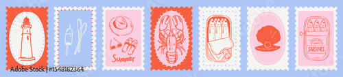 Summer coastal stamps set with seafood, beach accessories, coastal icons, marine symbols. Linear sketch illustrations in colourful colors. Postcard perfect for travel, sea vacation decoration.