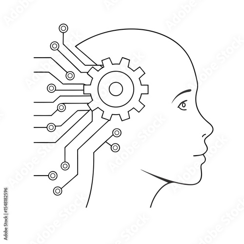Monochrome AI‑Human Fusion Logo Half‑Profile Face with Mocha Mousse Circuit Accent on White Vector