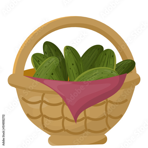 illustration of a vegetable basket full of freshly harvested green cucumbers