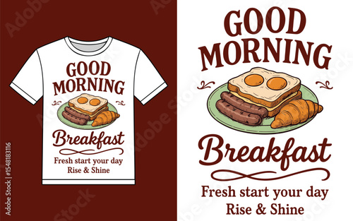 Good morning breakfast t shirt design vector featuring eggs toast sausage and croissant