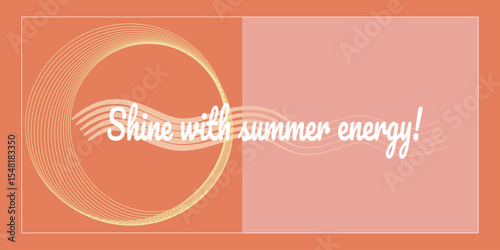 Abstract summer banner design in coral and light orange tones with curved lines forming a sun and the text "Shine with summer energy!".