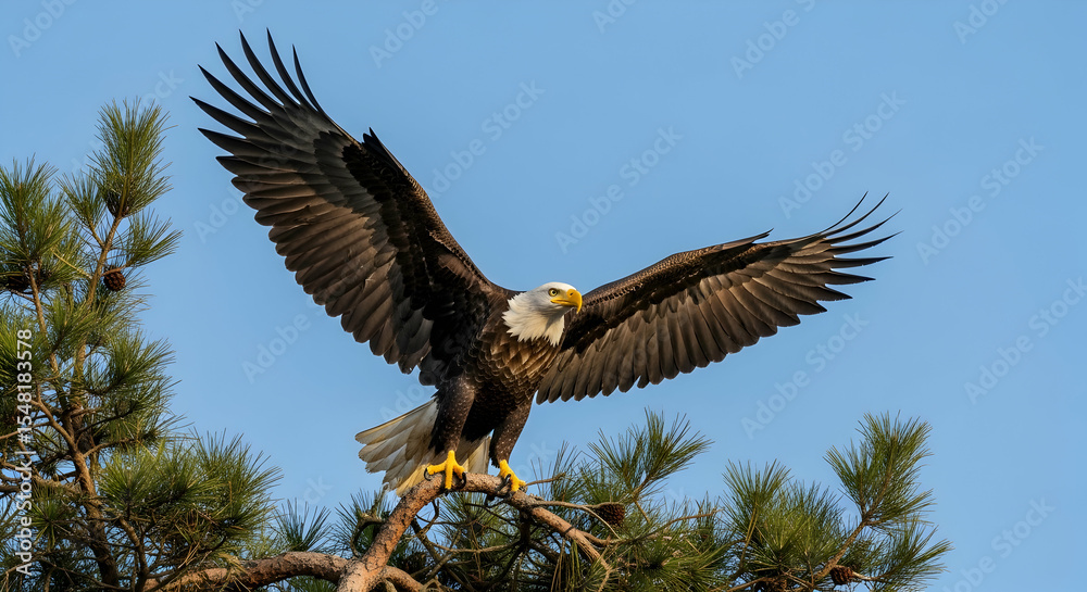 Obraz premium Majestic Bald Eagle Ready to Launch from Tree Branch with Open Wings