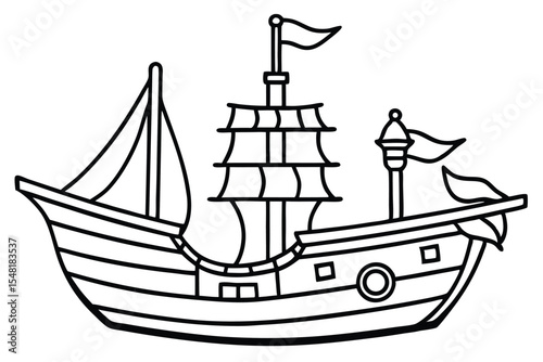 Vintage pirate galleon sailing the sea with tattered flags under a vast sky