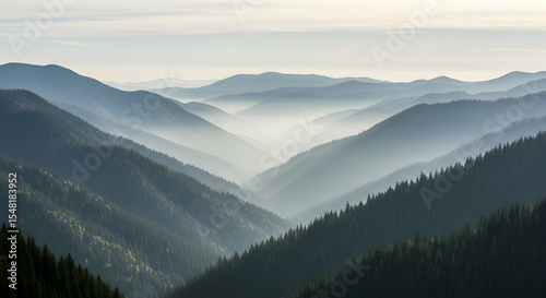 Misty Layers of Mountains with Evergreen Forests in the Distance at Sunrise