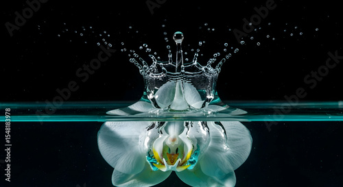 Water Crown Impact Above Delicate Orchid Blossom Tranquil Artistic Still Life