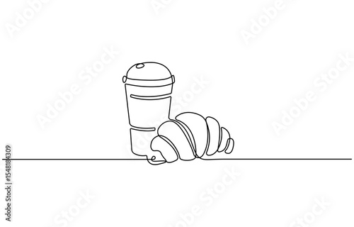Breakfast with croissant and coffee drawn in one line style, One continuous line drawing croissant with coffee mug. Breakfast in simple linear style. Pastry Croissant. Vector illustration