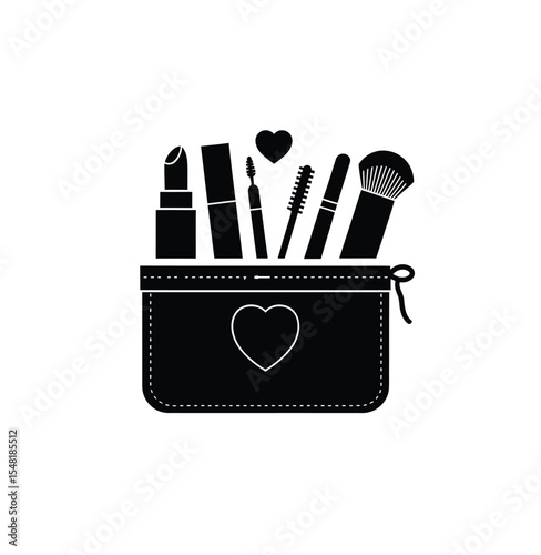 Makeup bag or cosmetic bag icon vector in black color with white background. 
