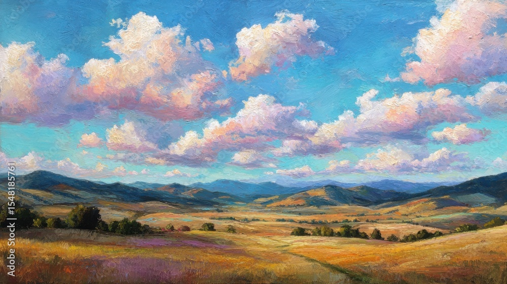 Fototapeta premium A picturesque view of expansive fields and rolling hills, featuring vibrant clouds and a bright blue sky in the afternoon sunlight, capturing the tranquility of nature.