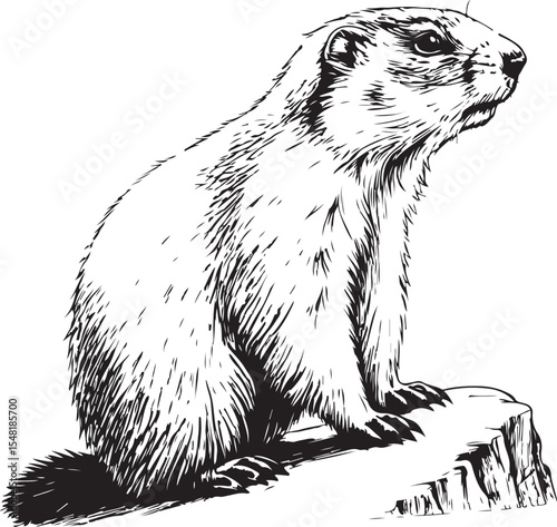 alpine marmot Vector Illustration, Sketch Drawing Line Linear Symbol Icon Engraving Coloring Book, Hand-drawn Black and White Isolated