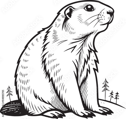 alpine marmot Vector Illustration, Sketch Drawing Line Linear Symbol Icon Engraving Coloring Book, Hand-drawn Black and White Isolated