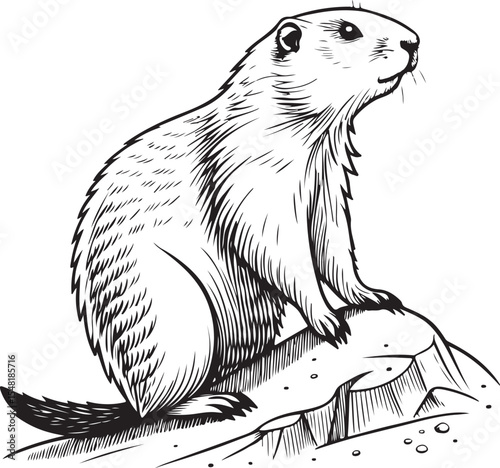 alpine marmot Vector Illustration, Sketch Drawing Line Linear Symbol Icon Engraving Coloring Book, Hand-drawn Black and White Isolated