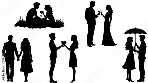 Stylish Silhouette Vector Set of Love Couples - Sitting, Toasting and Romantic Gestures