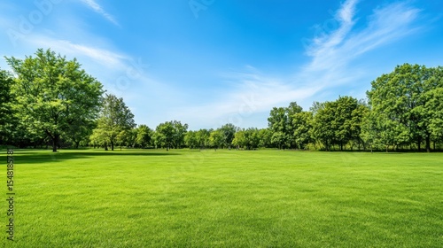 Green lawn and trees under a blue sky