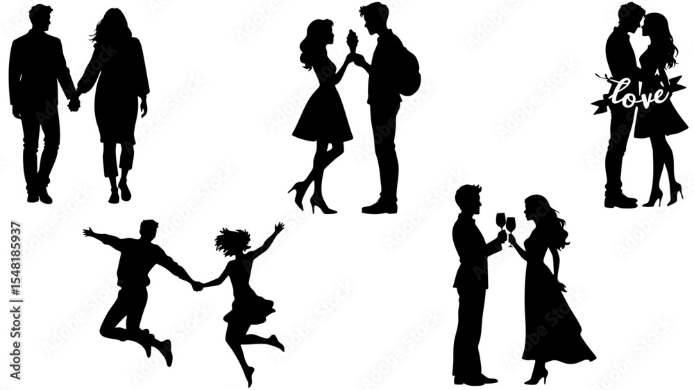 Fototapeta premium Stylish Silhouette Vector Set of Love Couples - Jumping, Toasting and Romantic Activities