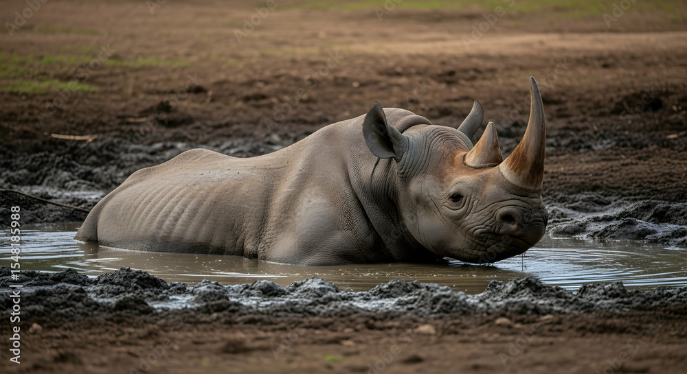 Obraz premium Black Rhino Cooling Off in Muddy Water During Hot Day
