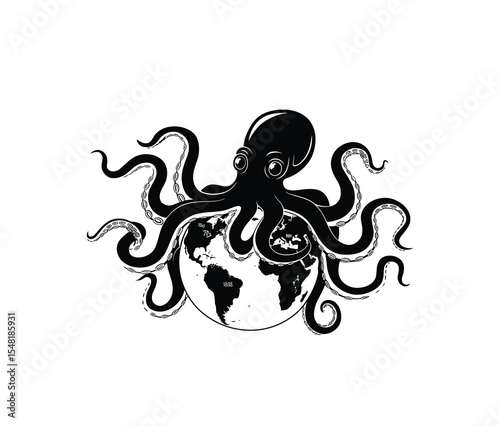 Octupus grabbing earth vector in black color with white background.