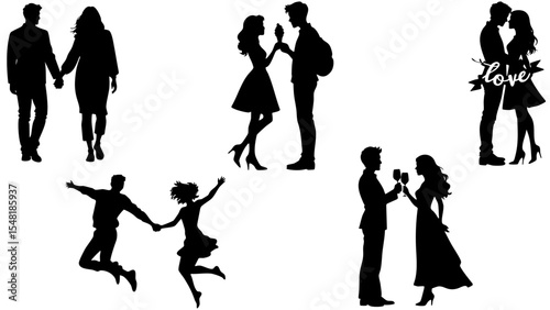 Stylish Silhouette Vector Set of Love Couples - Jumping, Toasting and Romantic Activities