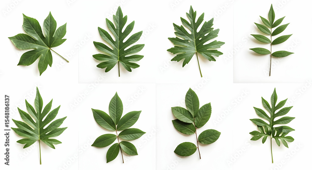 Naklejka premium Botanical Diversity Green Leaves Isolated on White Background Natural Aesthetics