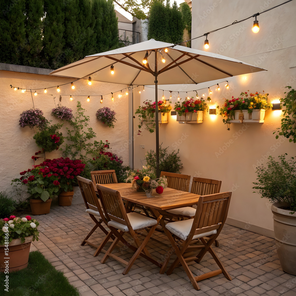 Fototapeta premium Charming home patio garden scene with a rectangular wooden table set under a shade umbrella