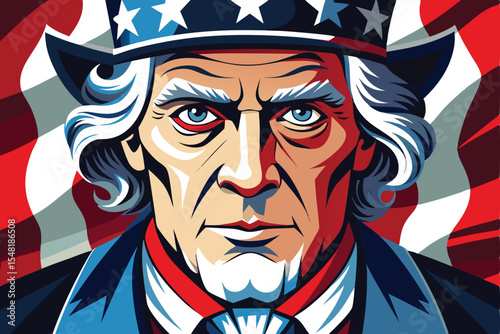 Vector portrait cartoon illustration of a man with a hat, a USA flag, and a skull symbol design perfect for Halloween tattoo art