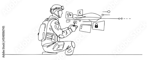 soldier using drone with surveillance equipment – outline illustration