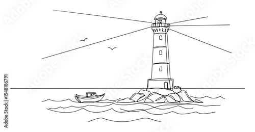 lighthouse guiding boat in stormy sea – outline vector with light beams