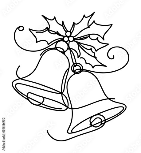 christmas bells with holly leaves – outline festive icon