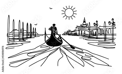 gondola ride in venice canal – outline travel illustration