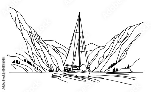 sailing boat between rocky cliffs – outline travel scene