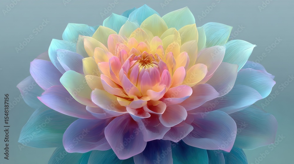 Obraz premium A vibrant lotus flower displays soft pastel colors, captivating attention in a calming, minimalist environment. The petals gracefully blend shades of pink, blue, and yellow.