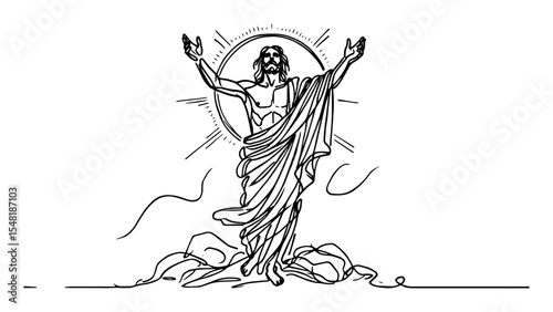 jesus rising with rays – monoline sketch religious vector
