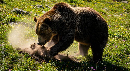 Grizzly Bear Digging Searching Food In Natural Habitat Blooming Meadow