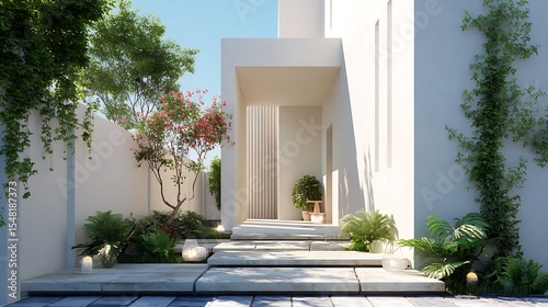 Fototapeta Naklejka Na Ścianę i Meble -  Large townhouse with a minimalist facade and garden walkway. .