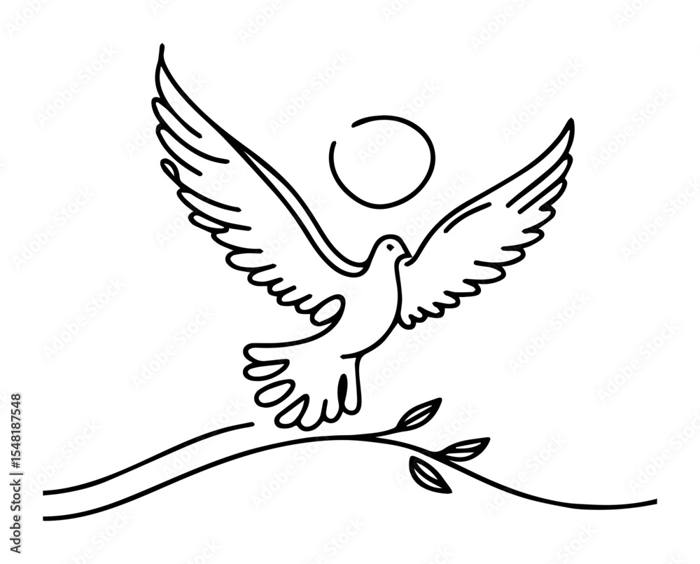 Obraz premium dove flying with sun – peace and faith monoline icon