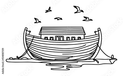 noah’s ark on water – biblical monoline boat illustration