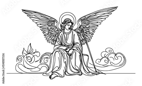 seated angel with wings – detailed lineart religious vector