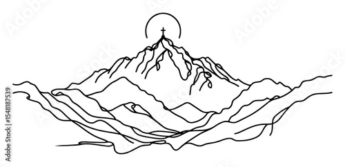 mountain sunrise with halo – peaceful monoline landscape