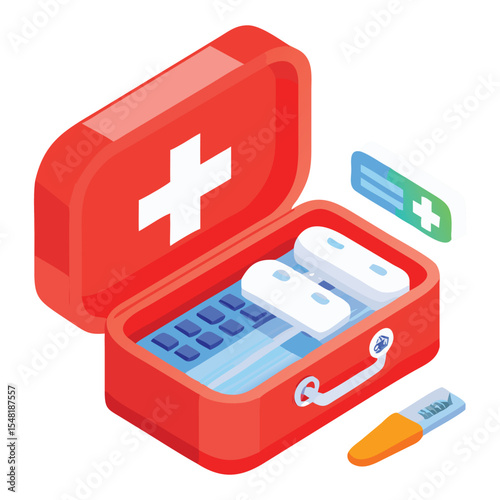 Red first aid kit with medical supplies for emergency treatment and healthcare essentials isometric illustration